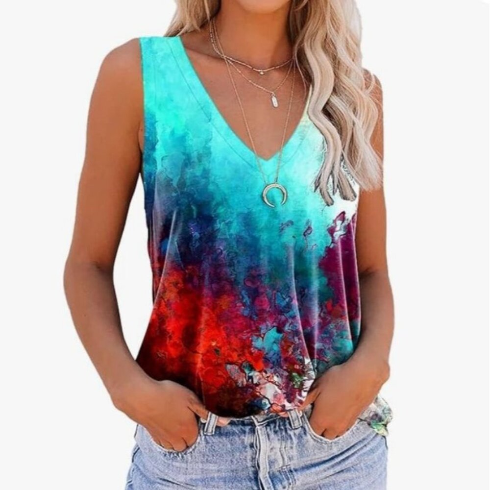 New Trend‎ Sleeveless Vneck Tank Top Womens Large New Abstract Print